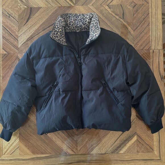 Cropped Black Puffer Jacket Soft Suede Leopard Print Collar Ribbed Cuffs Urban - Picture 1 of 12